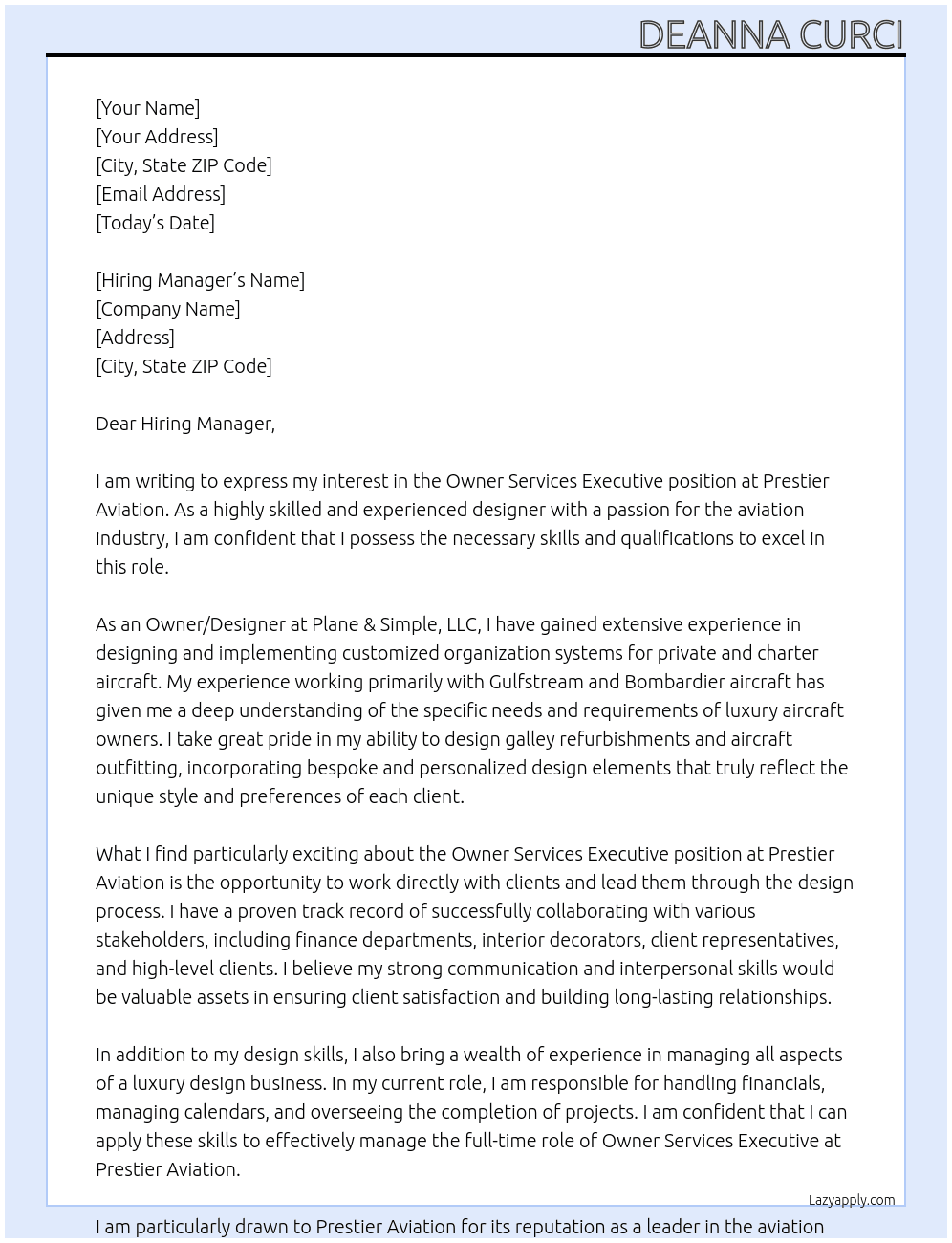 owner services exec At prestier aviation  Cover Letter