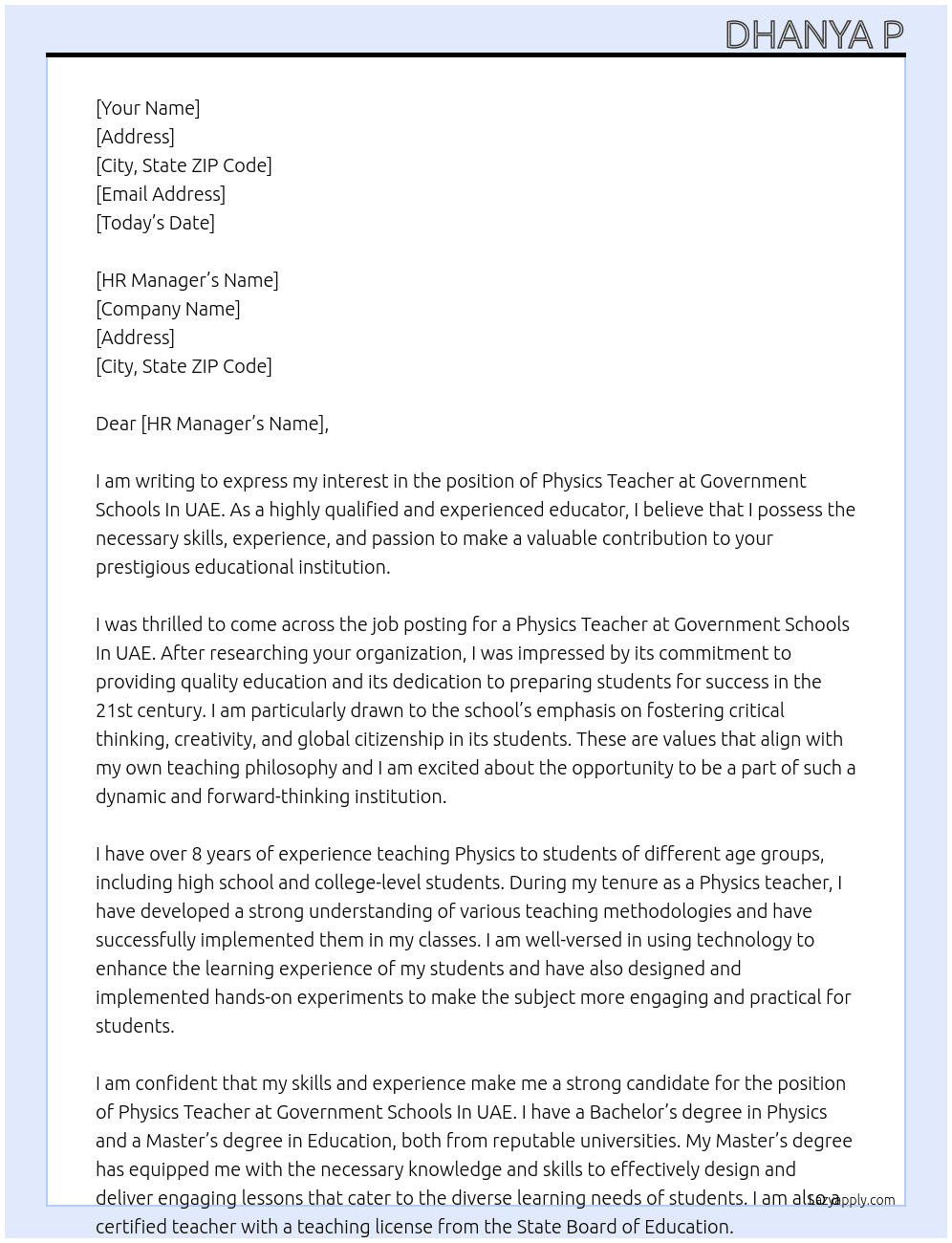 Physics teacher At Government Schools In UAE Cover Letter