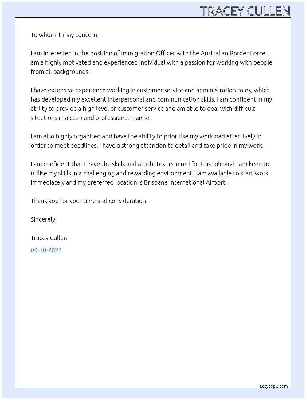 Immigration Officer At Australian Border Force  Cover Letter