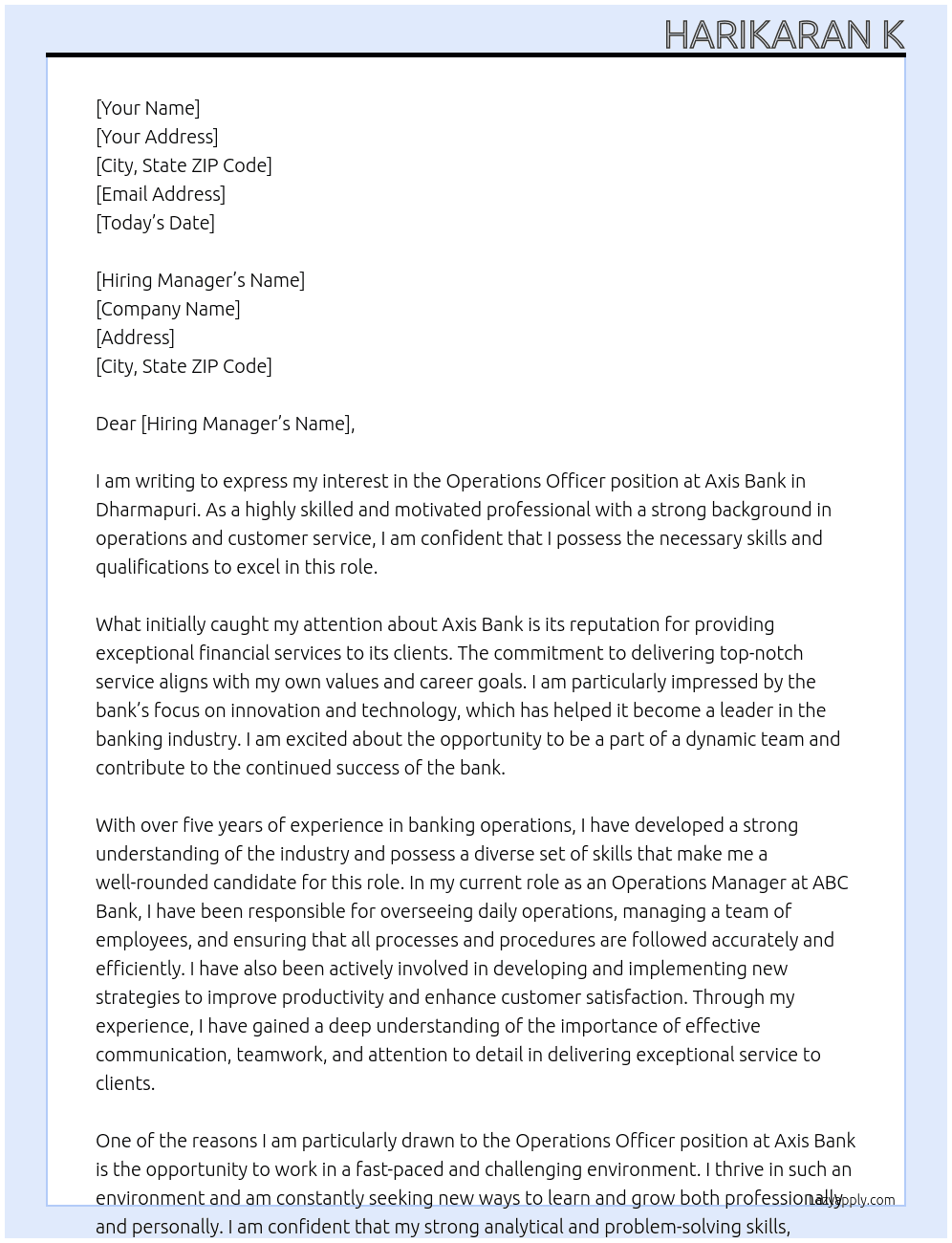 Operations officer At Axis Bank  Cover Letter