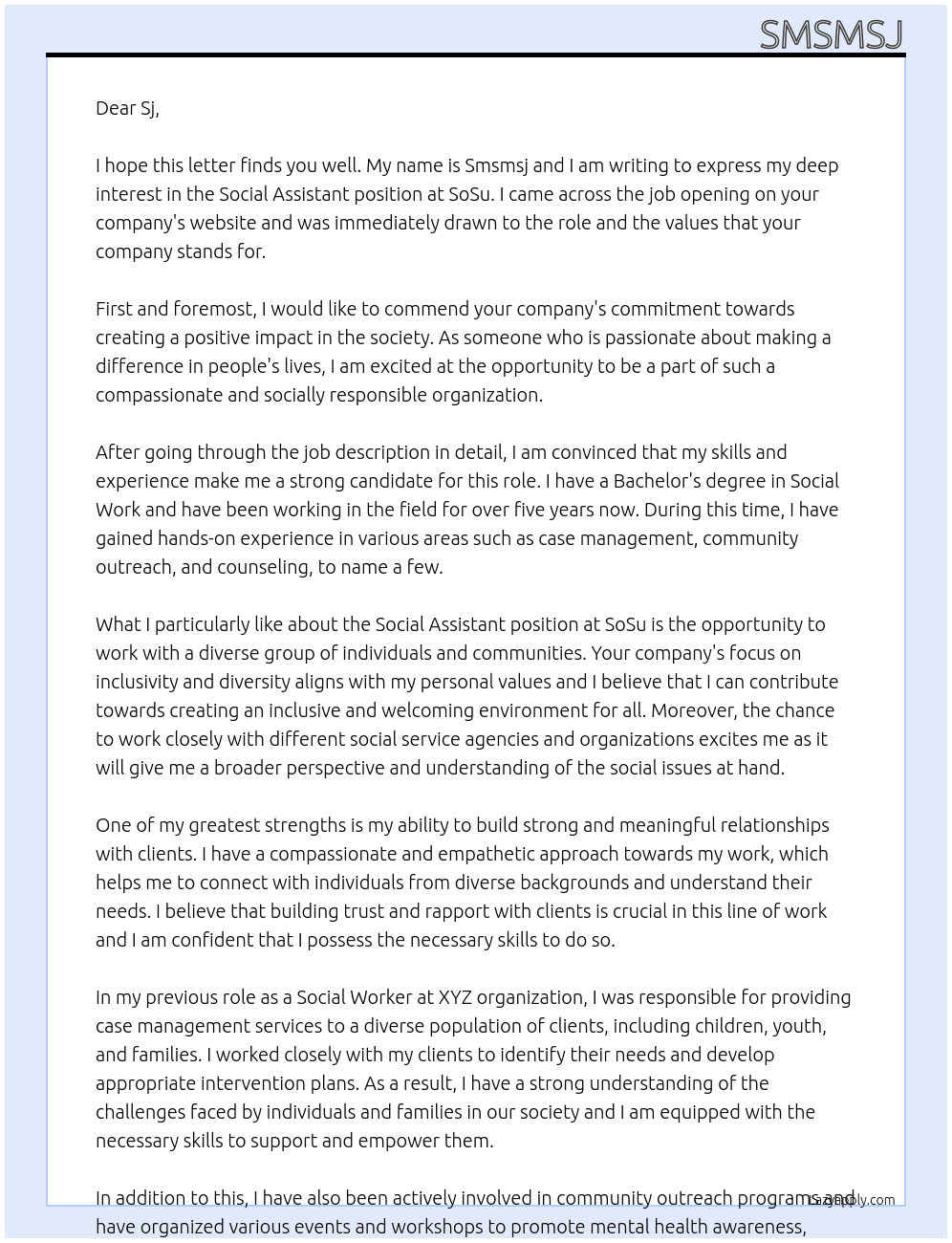 Social assistant   At SoSu Cover Letter