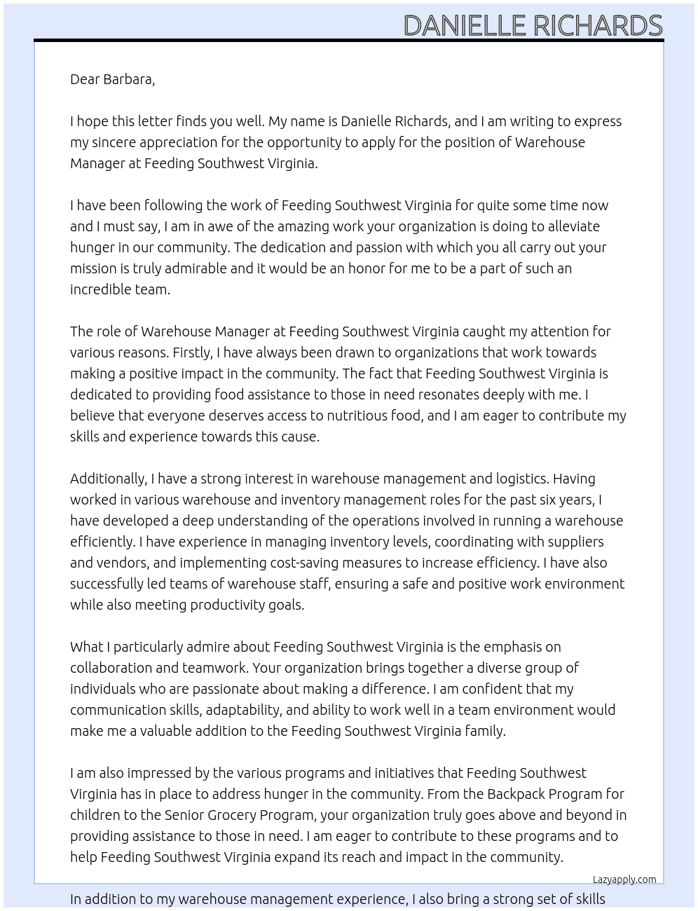 Warehouse At Feeding Southwest Virginia Cover Letter