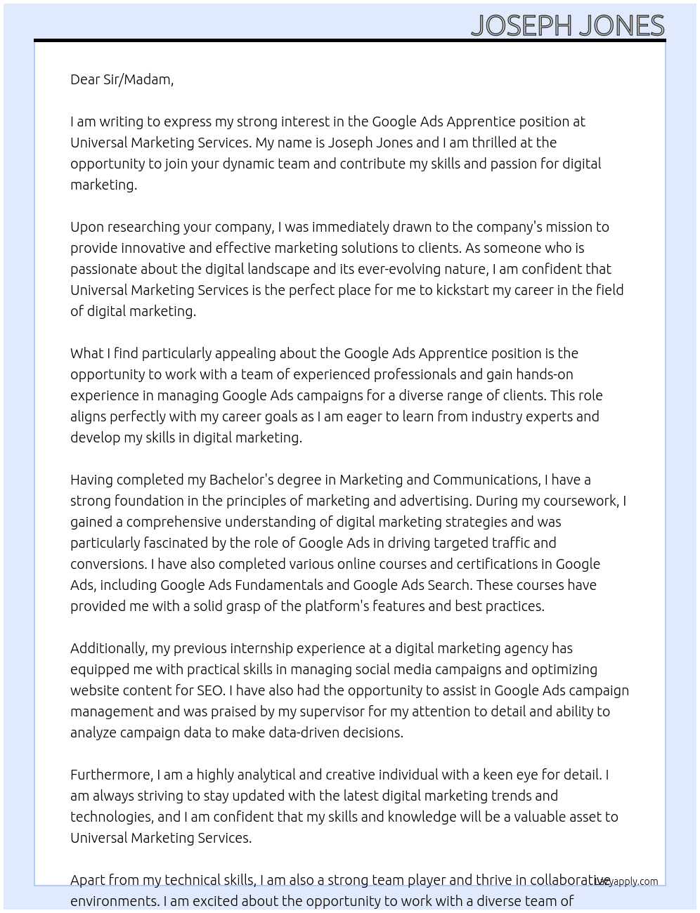 Google Ads Apprentice At Universal Marketing Services Cover Letter