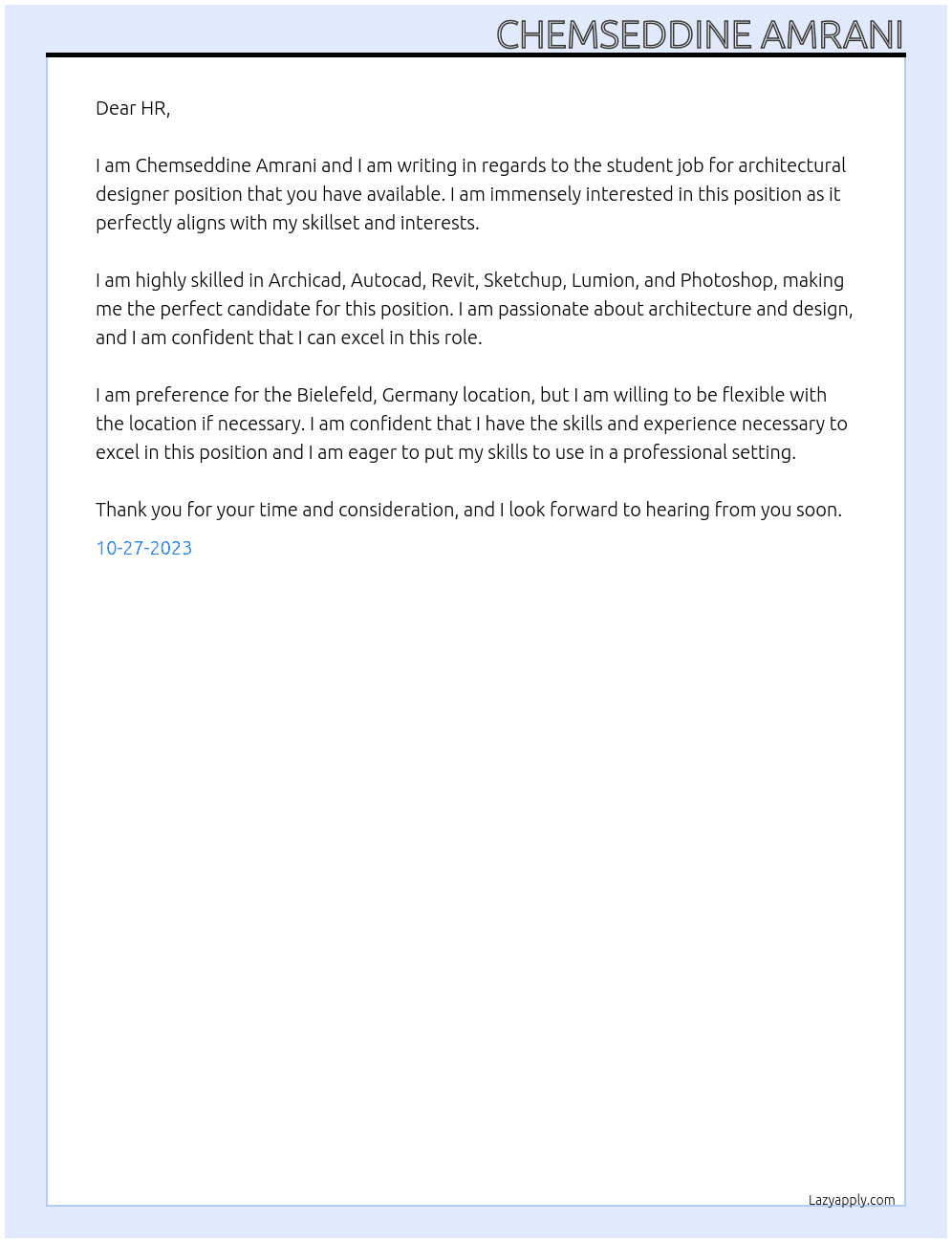 student job for architectural designer At Various Cover Letter