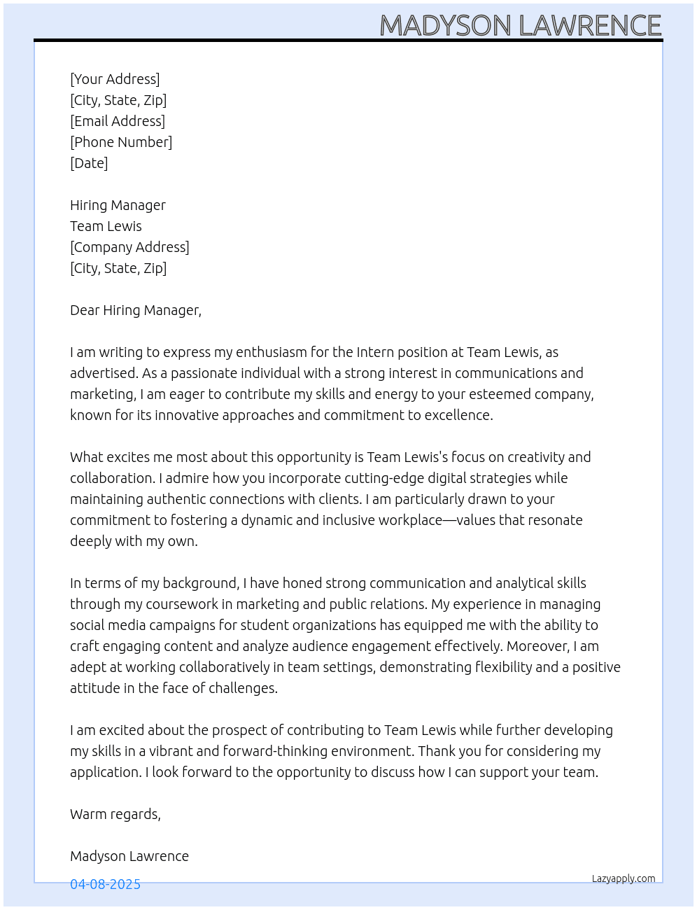 Intern At Team Lewis Cover Letter