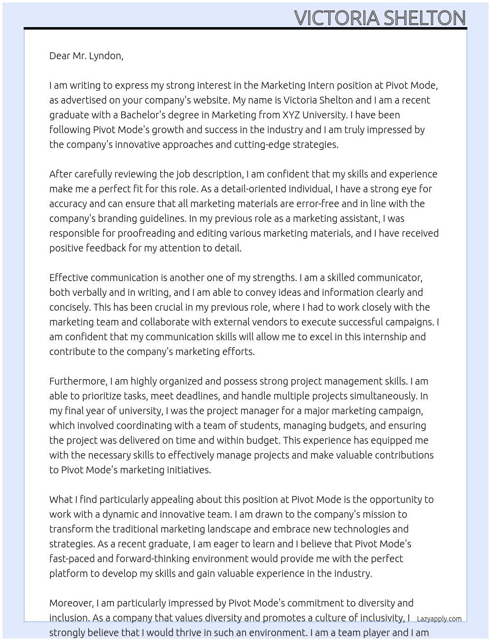 Marketing Intern At Pivot Mode Cover Letter