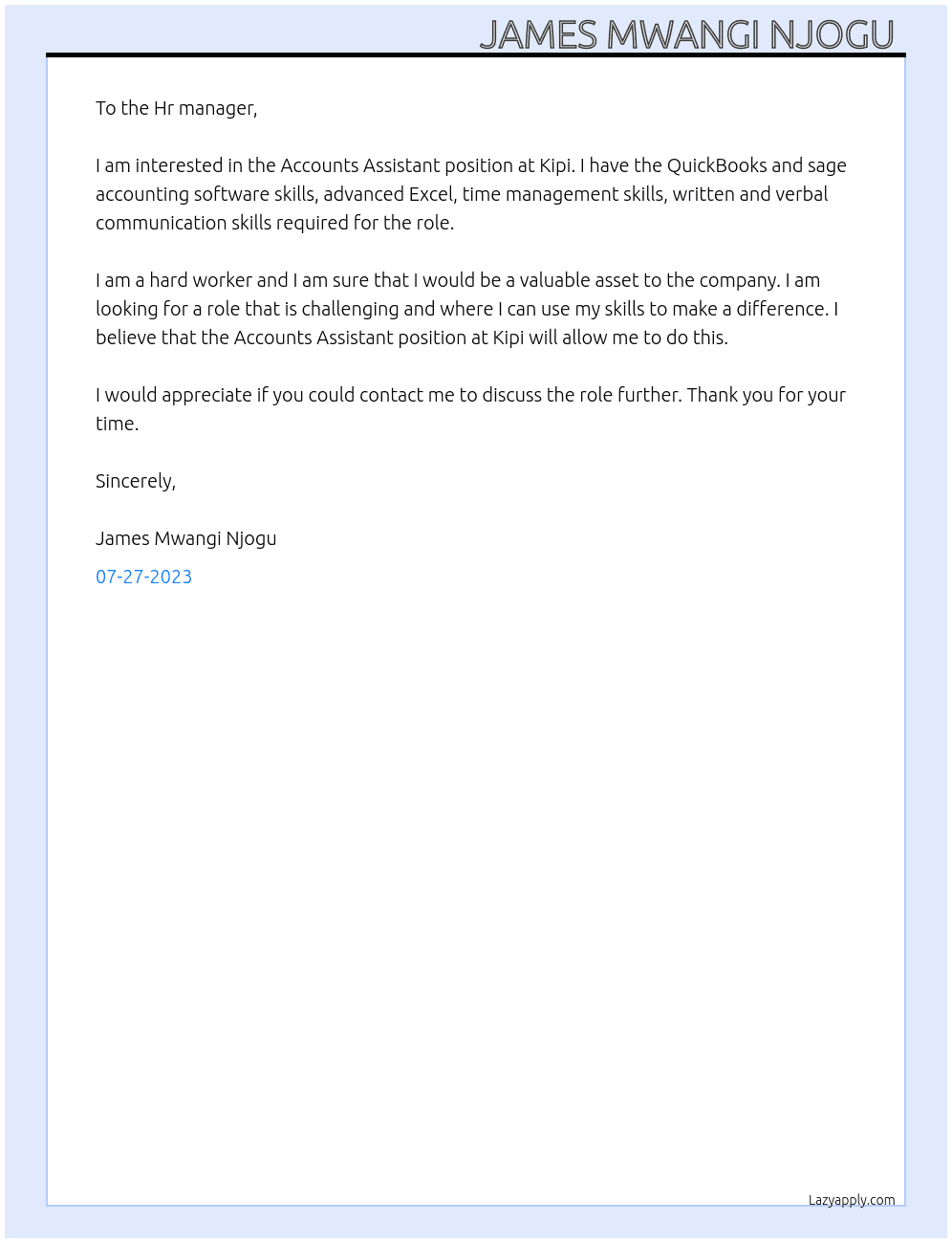 Accounts Assistant  At Kipi Cover Letter