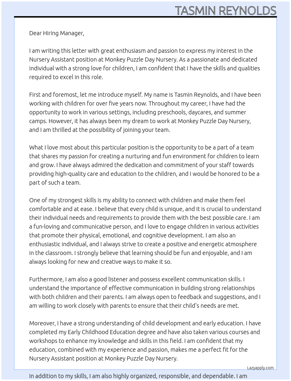 Nursery Assistant At Monkey Puzzle Day Nursery Cover Letter