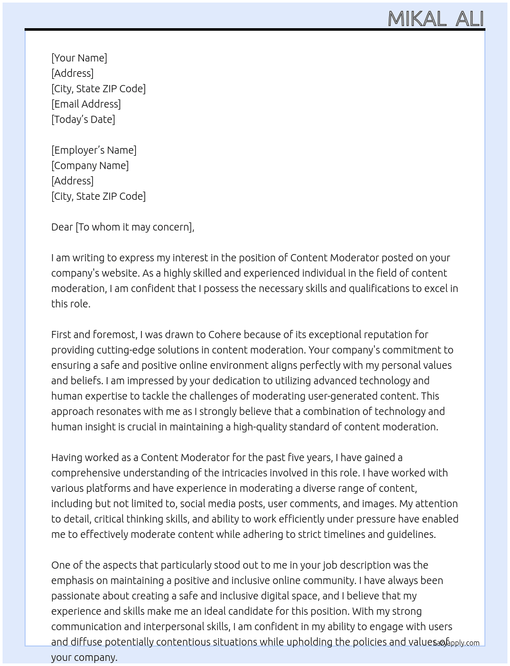 content moderator At Cohere Cover Letter