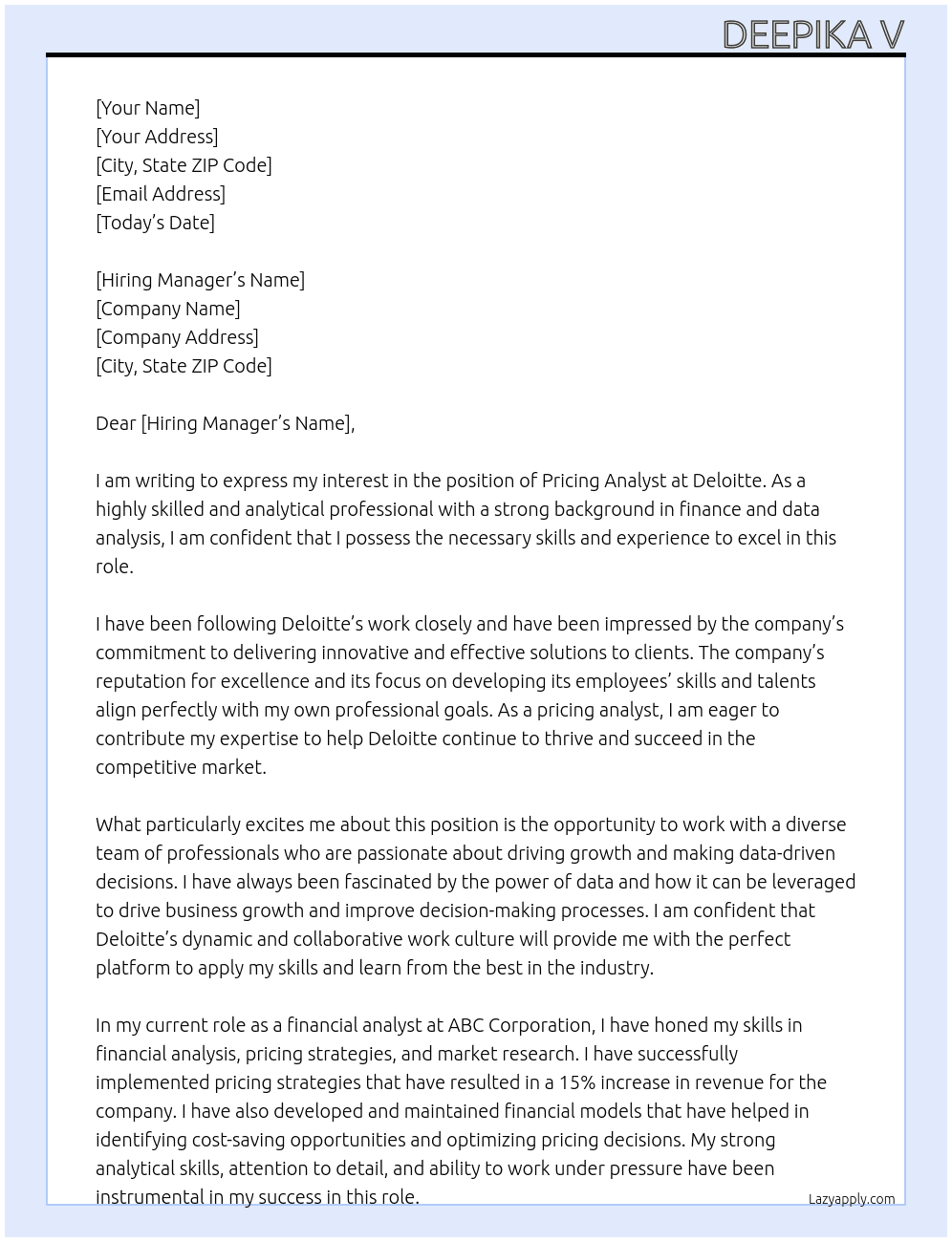 pricing analyst At deloitte Cover Letter