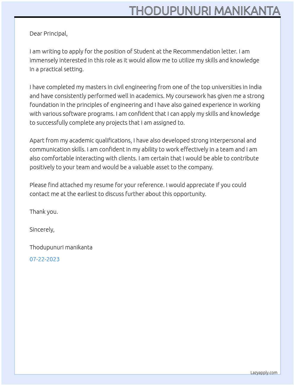 Student At Recommendation letter Cover Letter