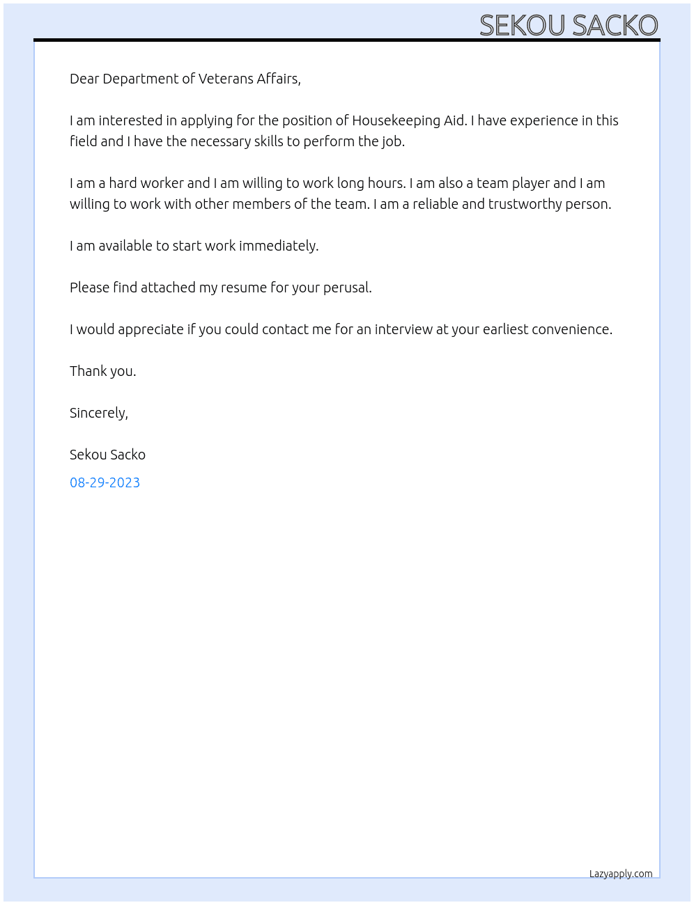 Housekeeping Aid At DEPARTMENT OF VETERANS AFFAIRS Cover Letter
