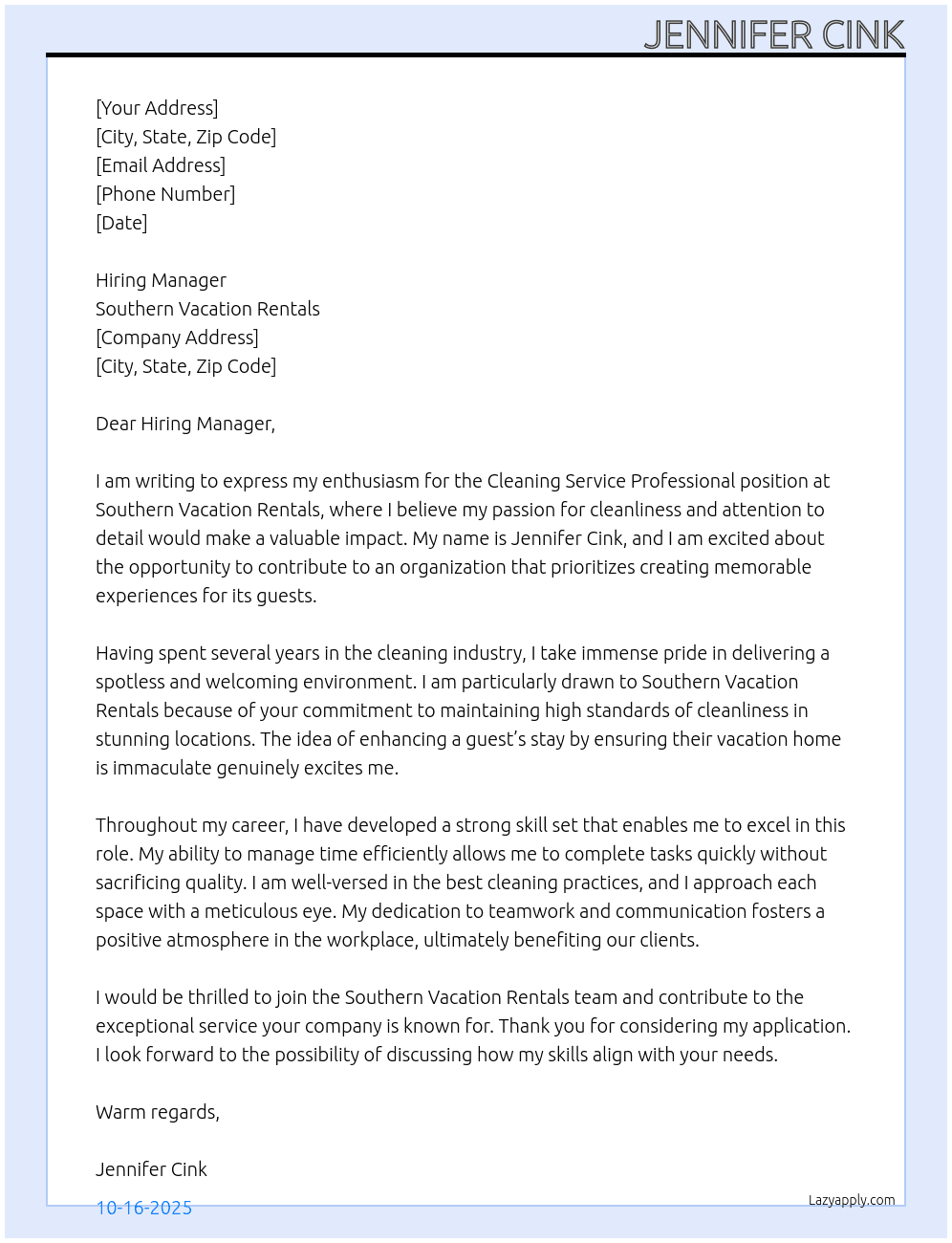 Cleaning service professional At Southern Vacation Rentals Cover Letter