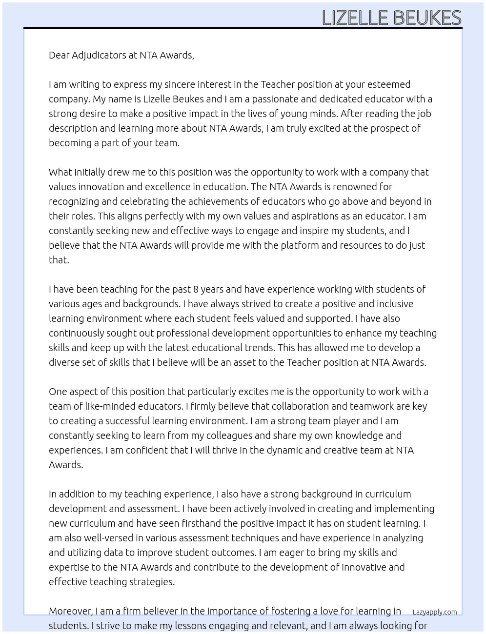 Teacher At NTA awards Cover Letter