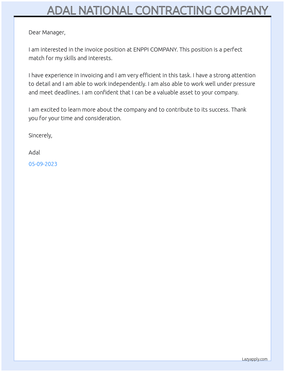 Invoice  At ENPPI COMPANY  Cover Letter