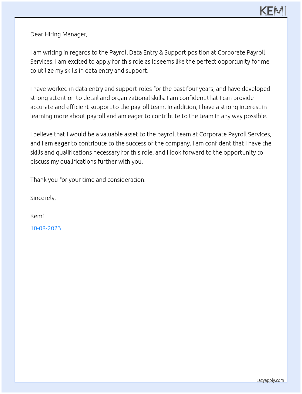 Payroll Data Entry & Support  At Corporate Payroll Services Cover Letter