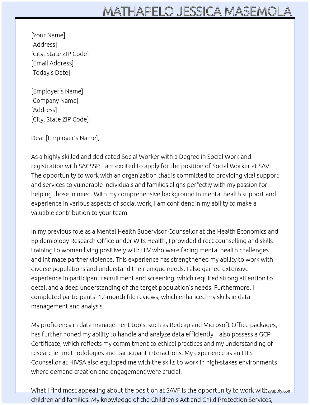 SOCIAL WORKER  At SAVF Cover Letter