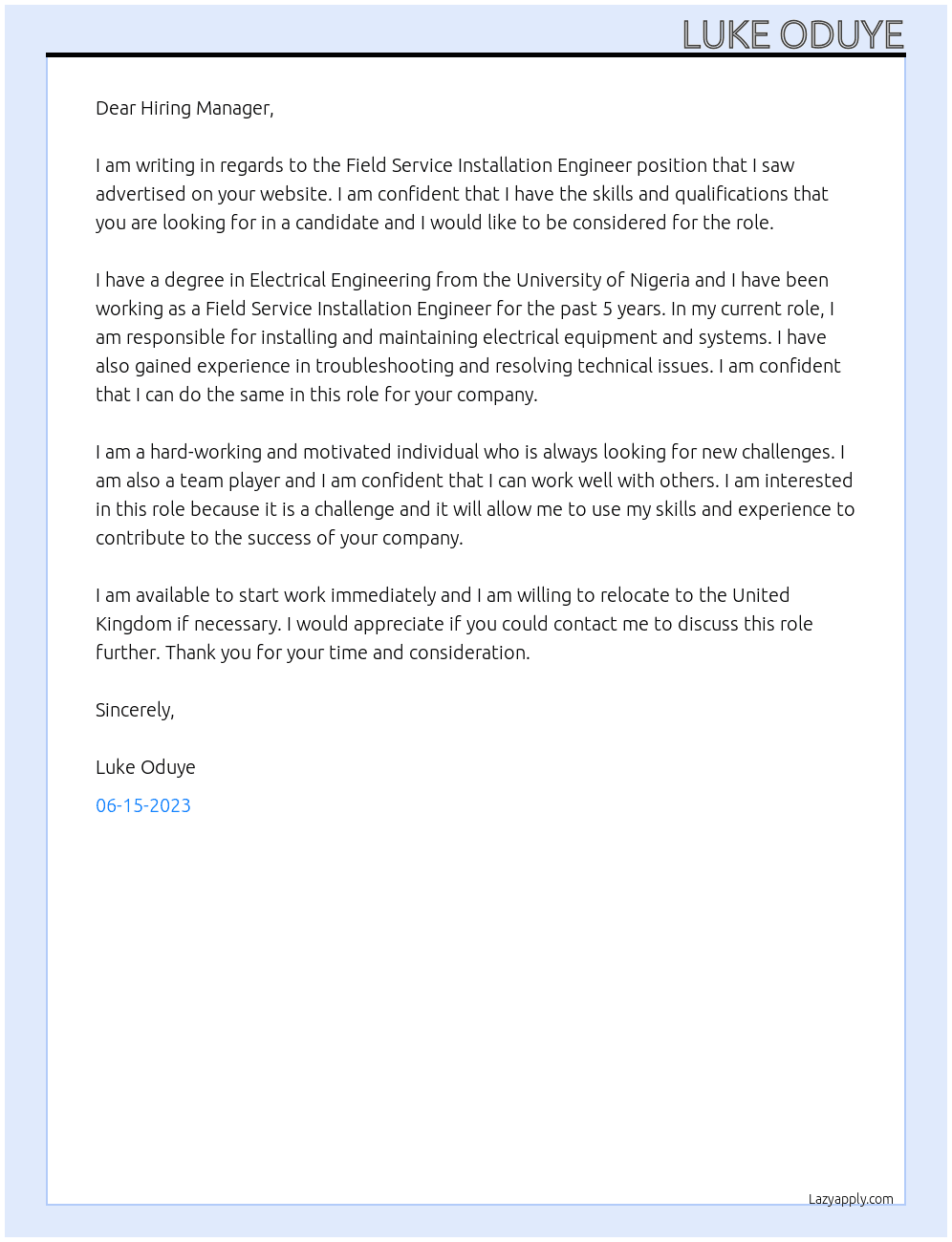 Field Service Installation Engineer At Secure Hand Consulting Ltd Cover Letter