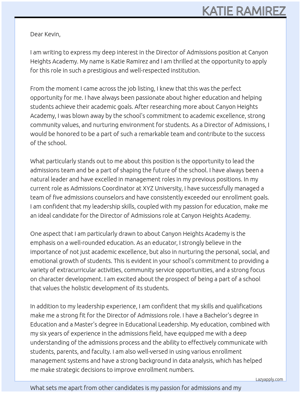 Director of Admissions At Canyon Heights Academy Cover Letter