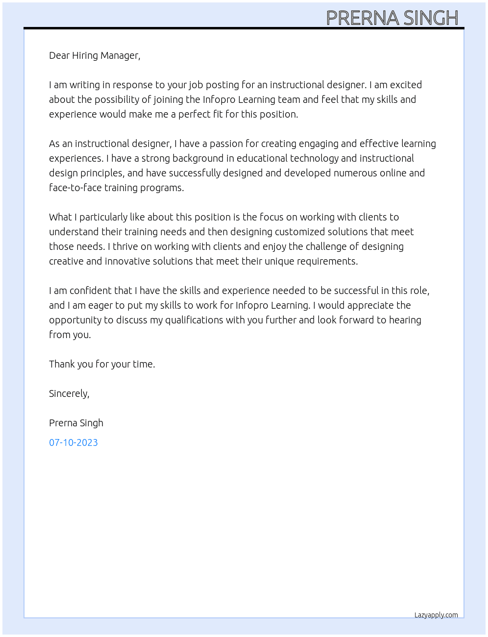 Instructional designer At Infopro Learning  Cover Letter