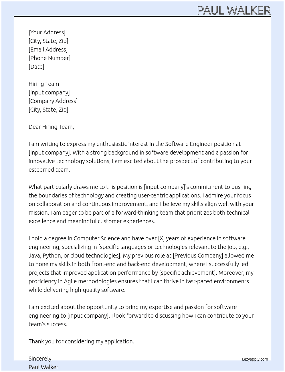 Software Engineer At [input company] Cover Letter