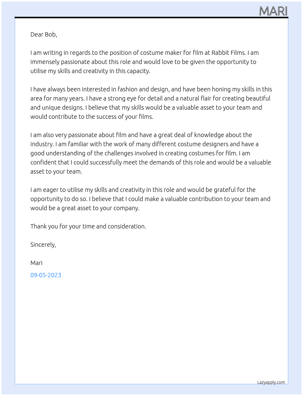 costume maker for film At rabbit films Cover Letter