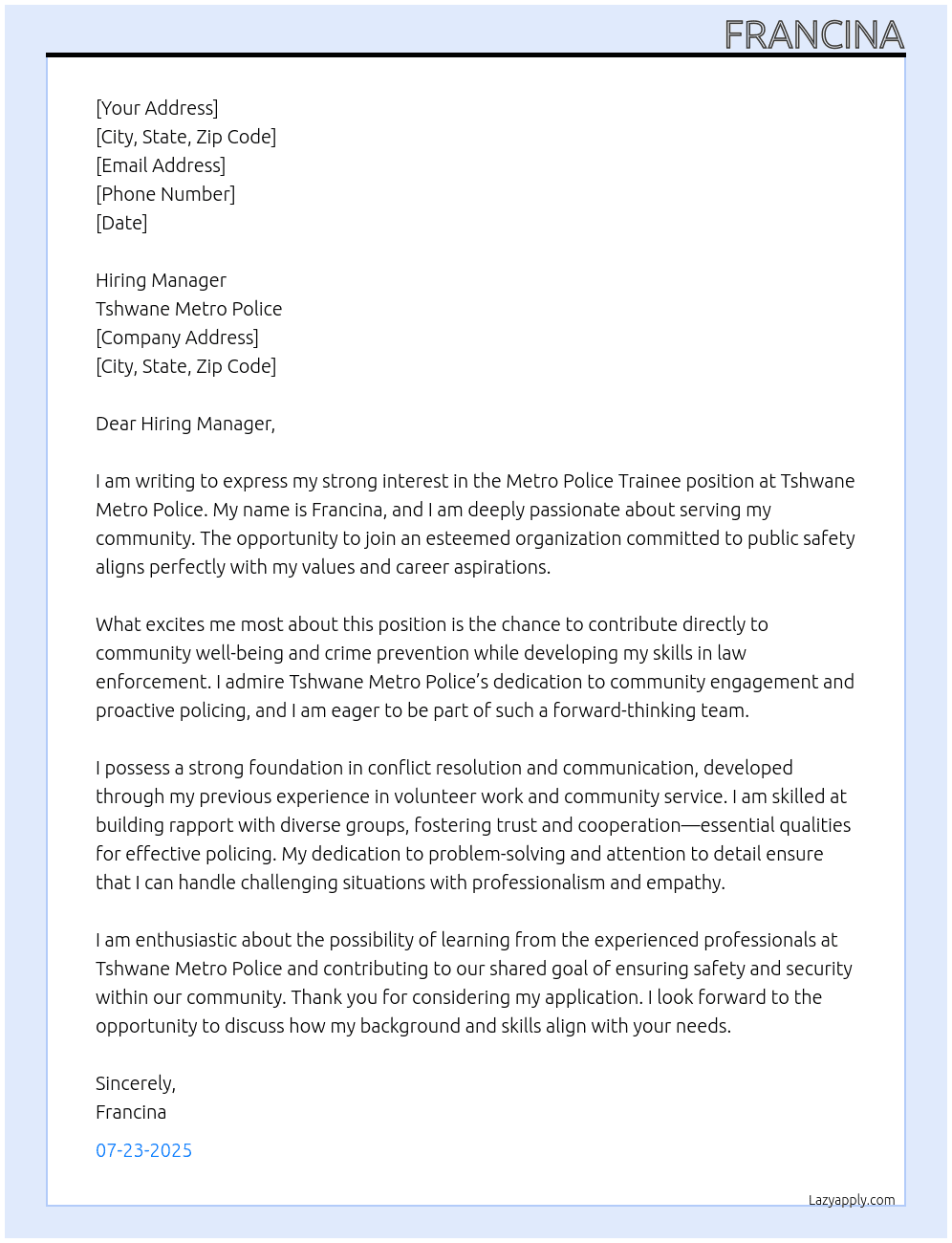 Metro police tranee At Tshwane Metro police Cover Letter