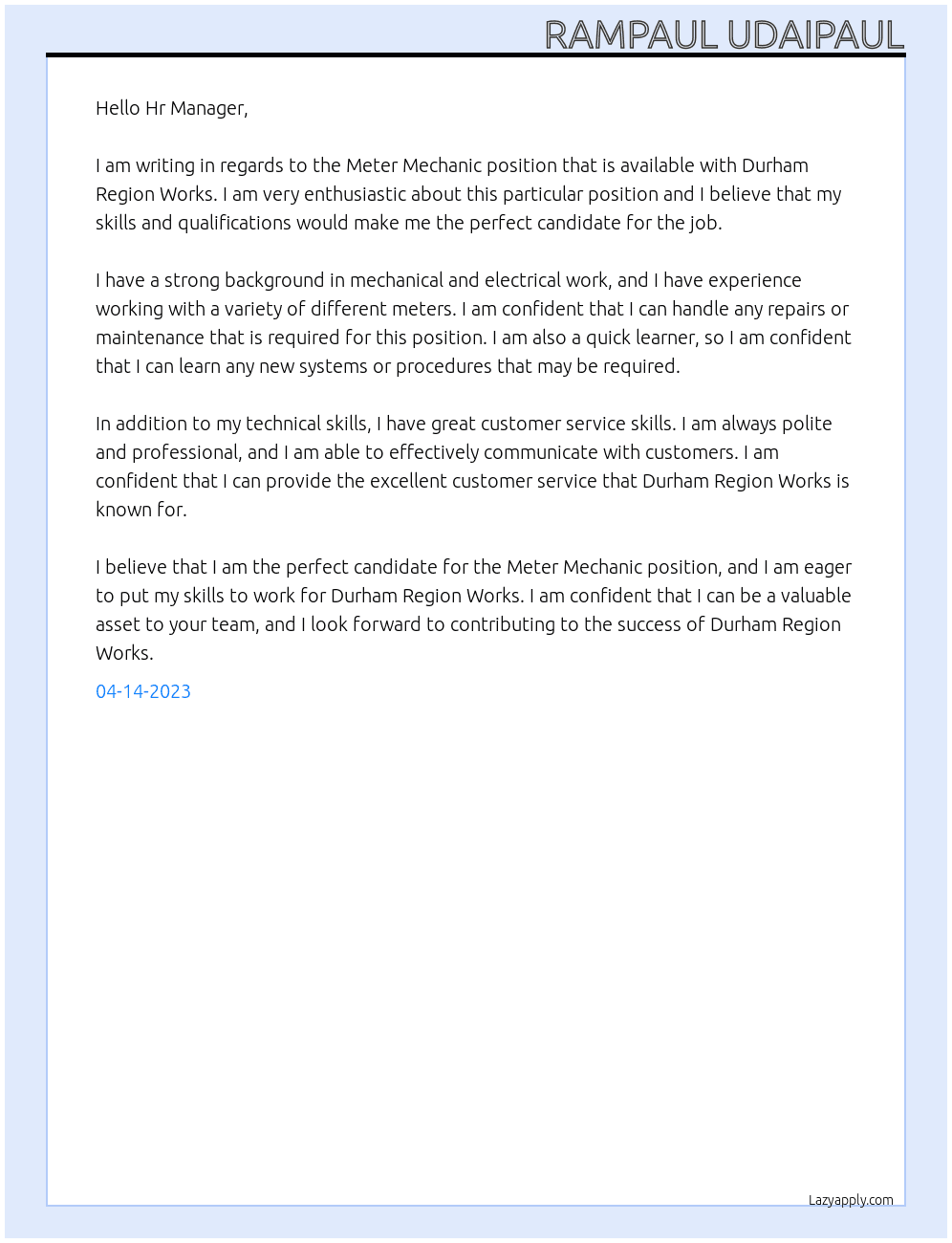 Meter Mechanic At Durham Region Works Cover Letter