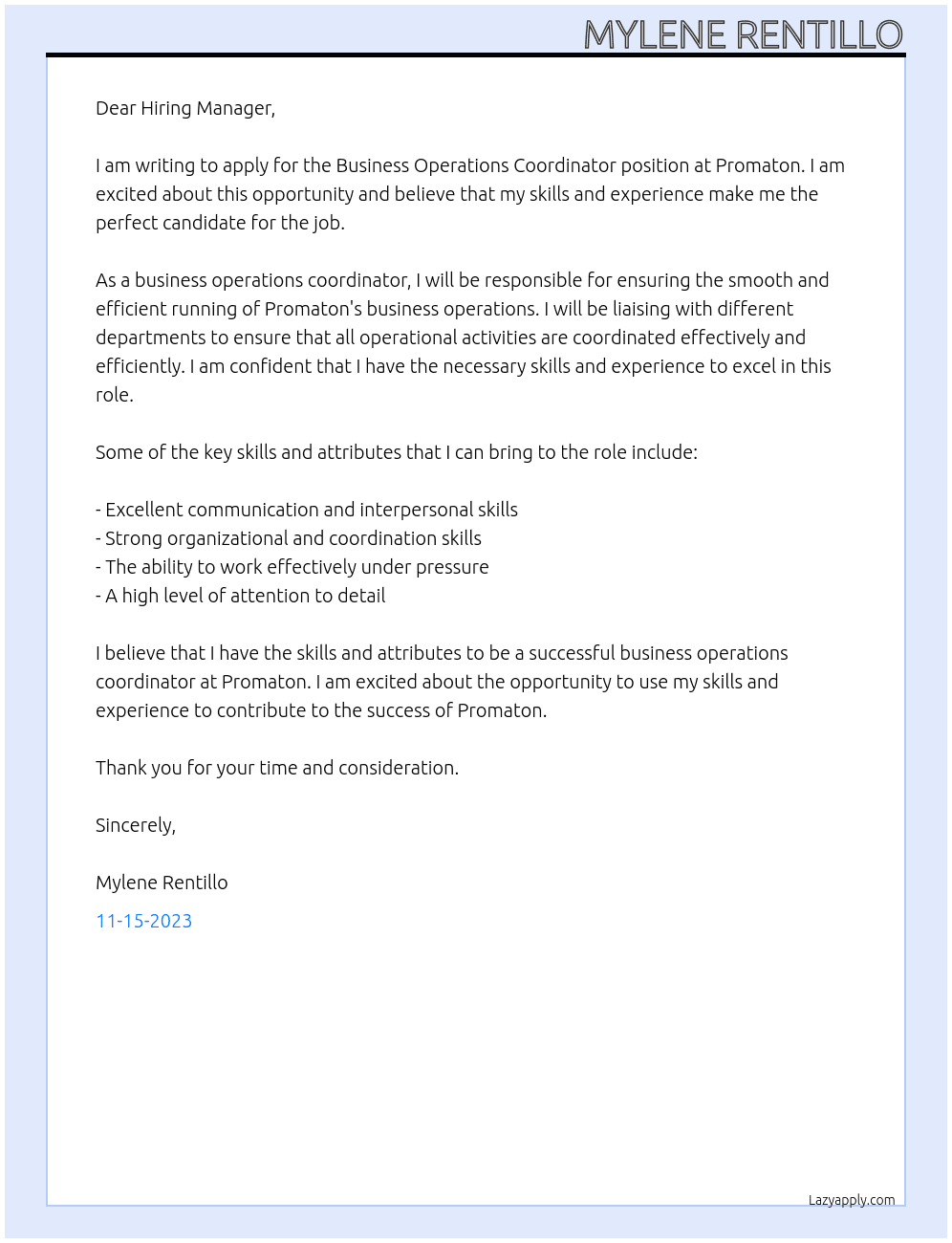 Business Operations Coordinator At Promaton Cover Letter