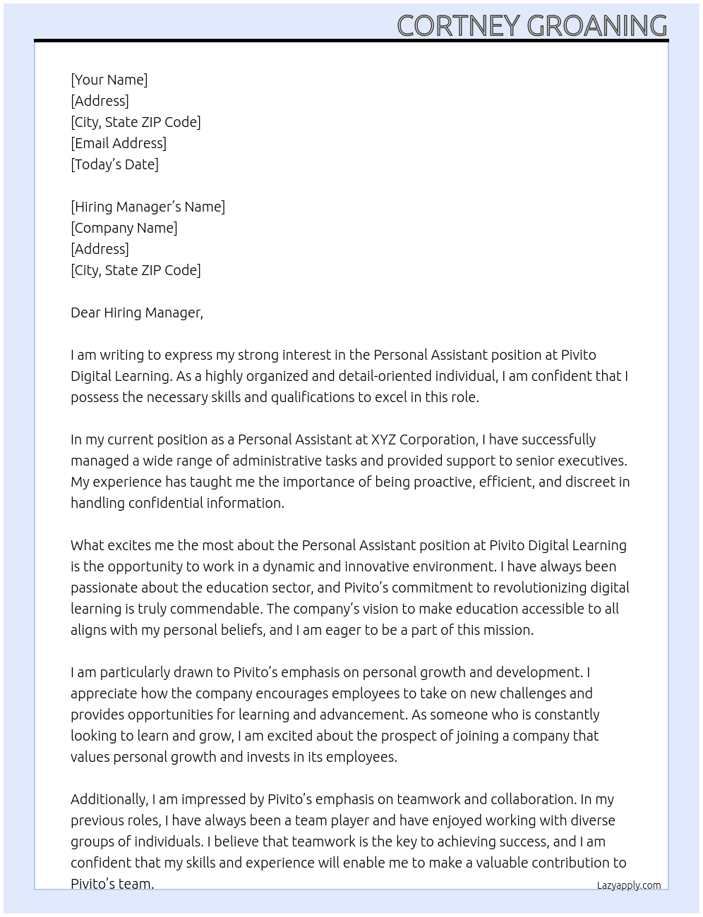 Personal Assistant At Pivito Digital Learning Cover Letter