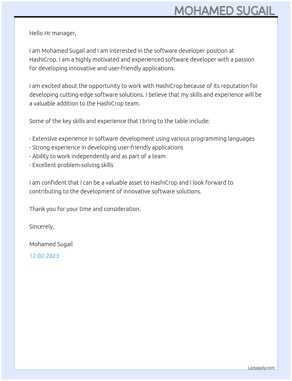software developer At HashiCrop Cover Letter