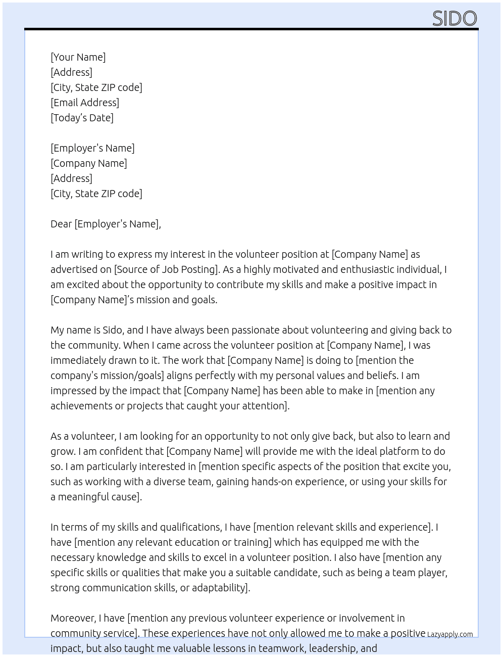 volunteer At vol Cover Letter