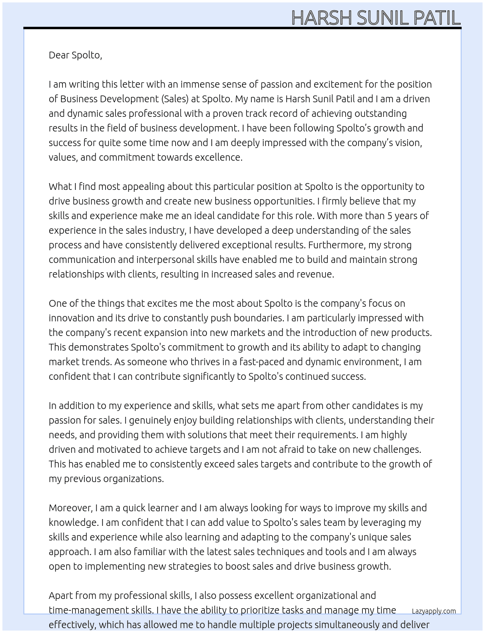 Buisness Development(Sales) At Spolto Cover Letter