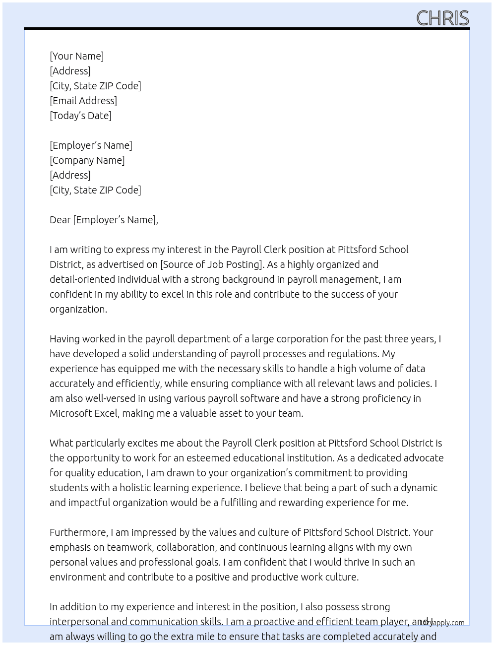Payroll Clerk At Pittsford School District Cover Letter