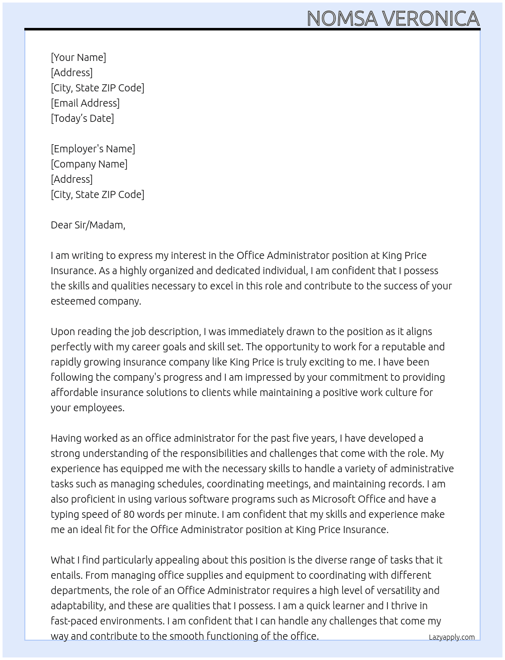 office administrator At King price Insurance Cover Letter