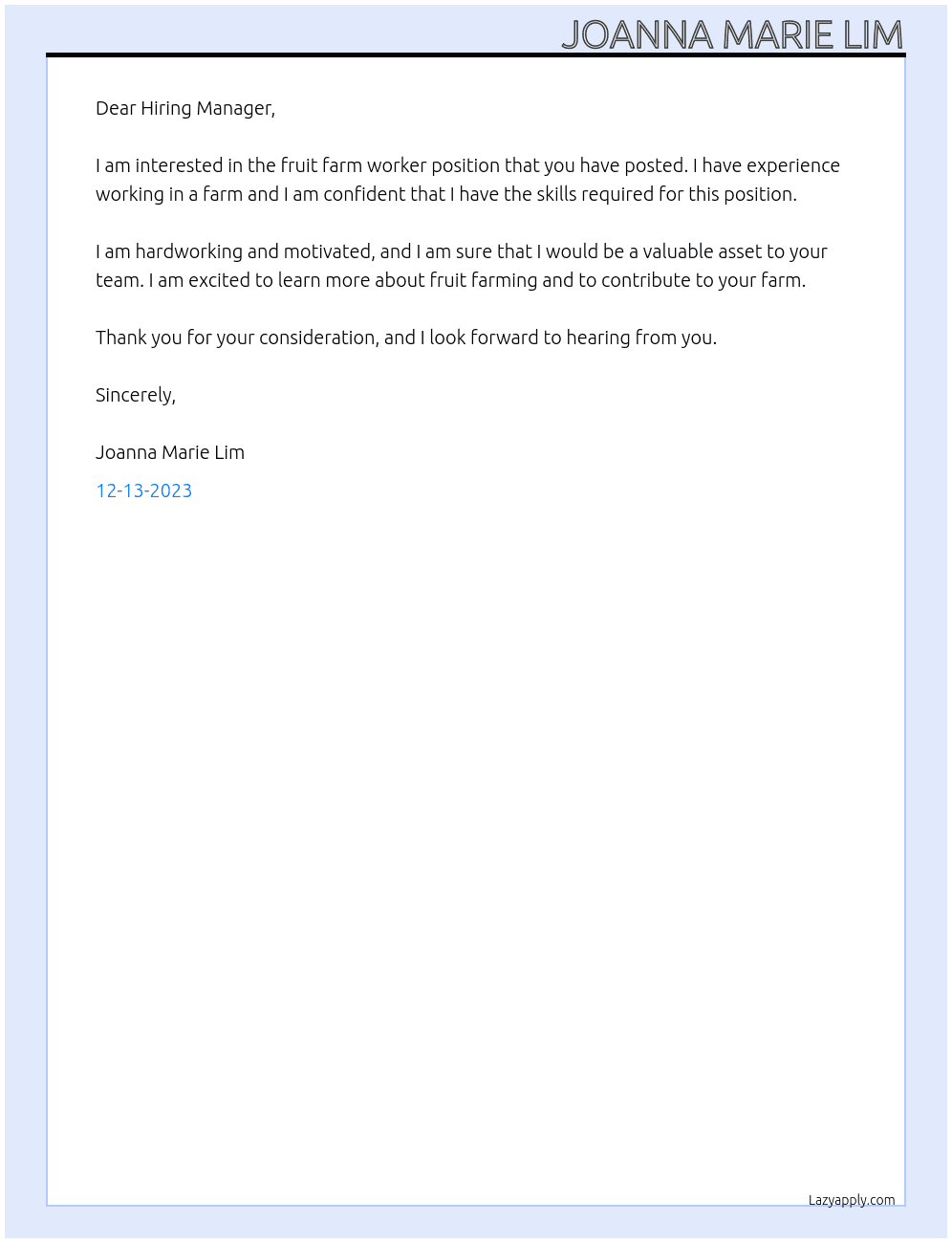 Fruit farm worker At None Cover Letter
