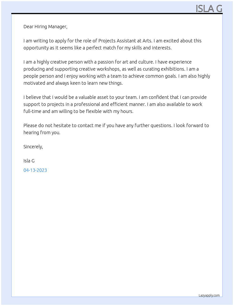 Projects Assisant  At Arts Cover Letter