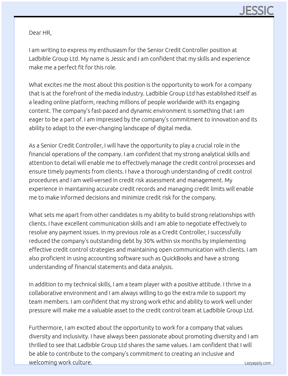 Senior Credit controller At Ladbible Group Ltd Cover Letter