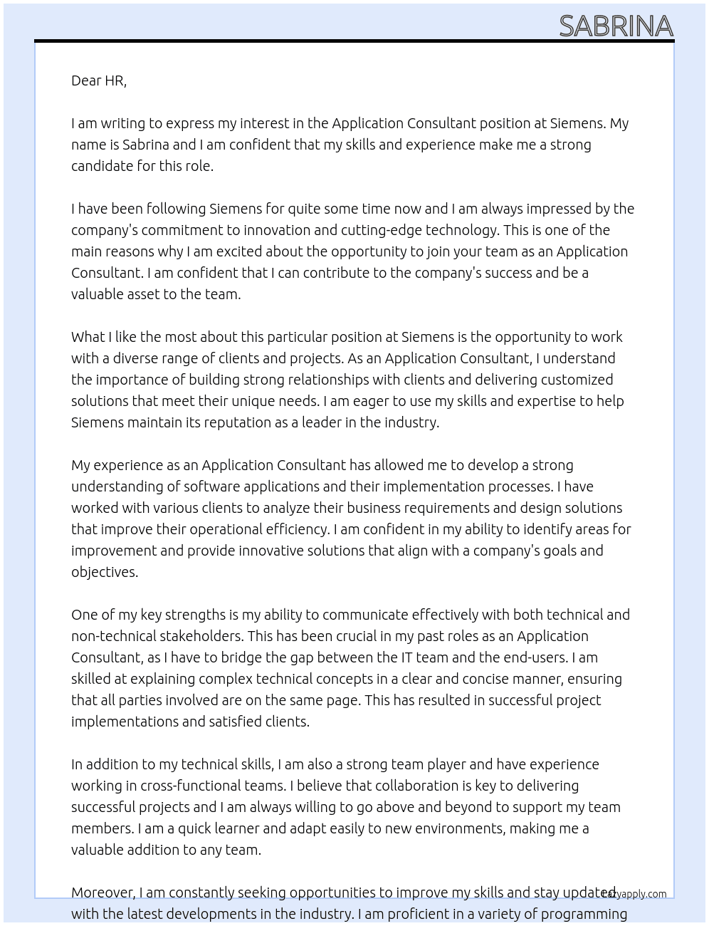 Application consultant At Siemens Cover Letter