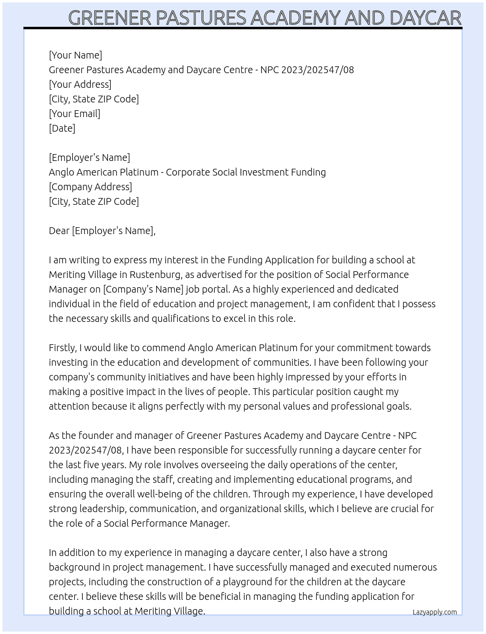 Cover letter for funding application- for building school - LazyApply