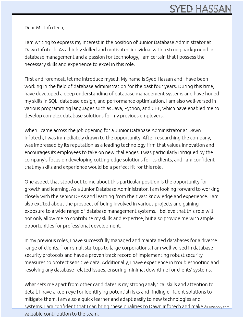 Junor Database Administrator  At Dawn Infotech Cover Letter