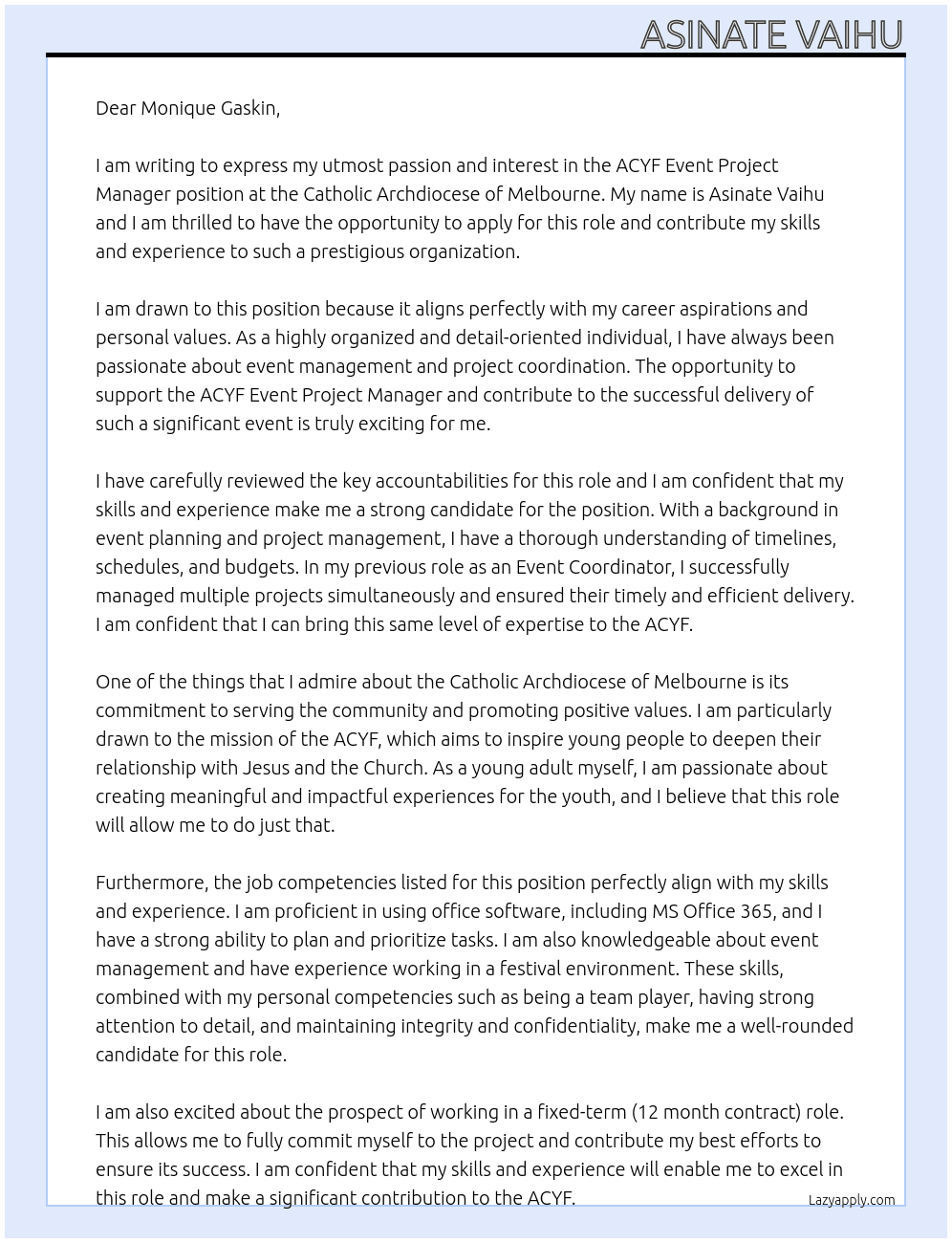 ACYF Event Project Manager At Catholic Archdiocese of Melbourne Cover Letter