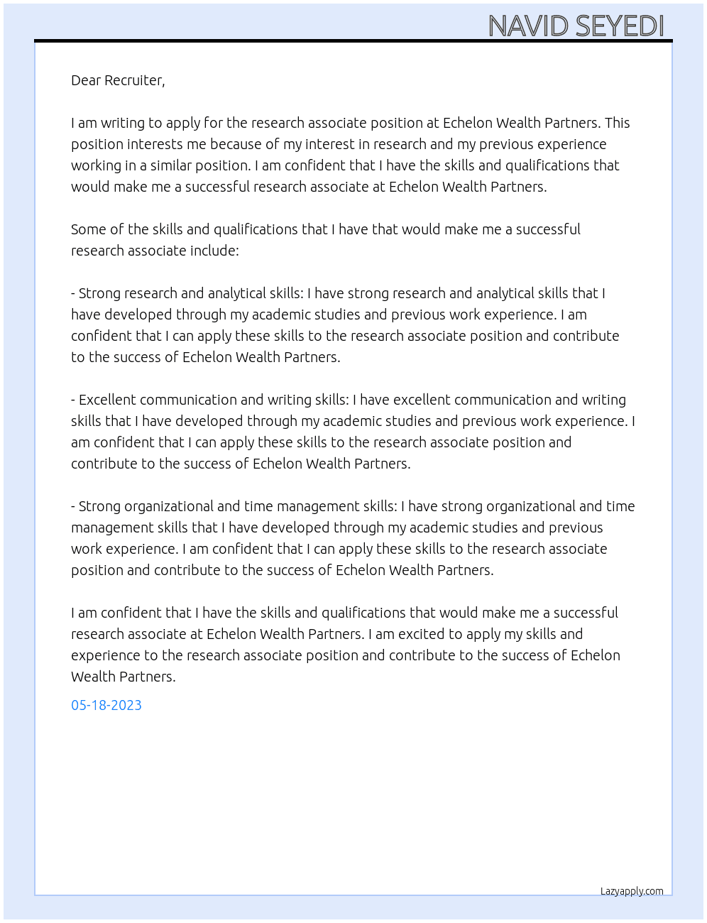 research associate  At Echelon Wealth Partners Cover Letter