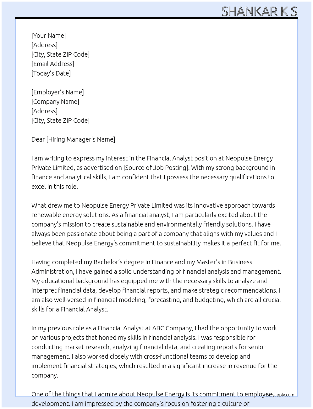 Financial Analyst At Neopulse Energy Private Limited Cover Letter