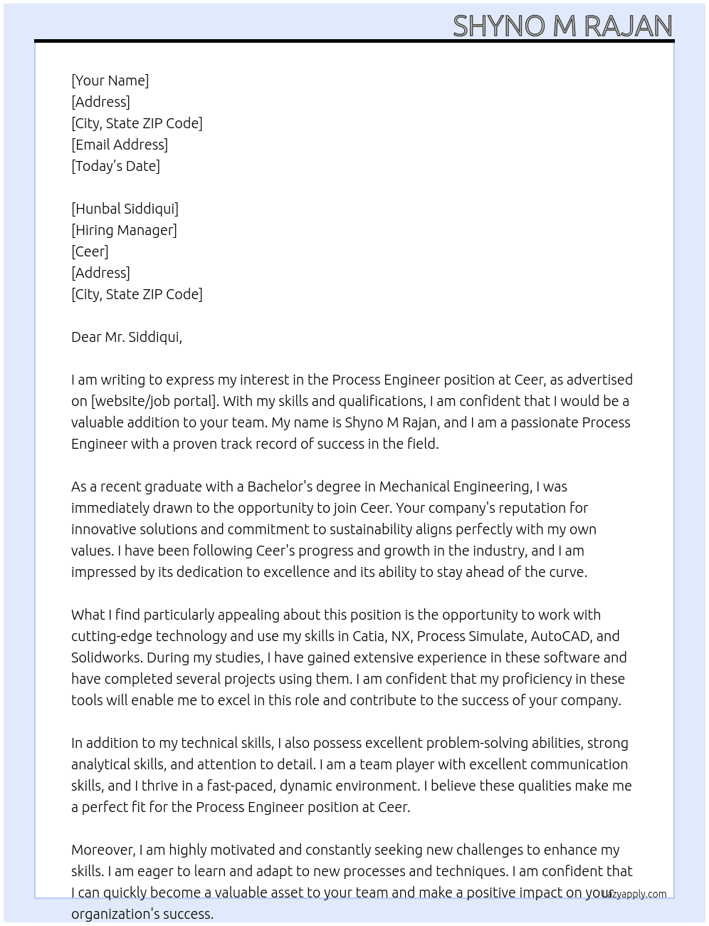 Process Engineer  At Ceer Cover Letter