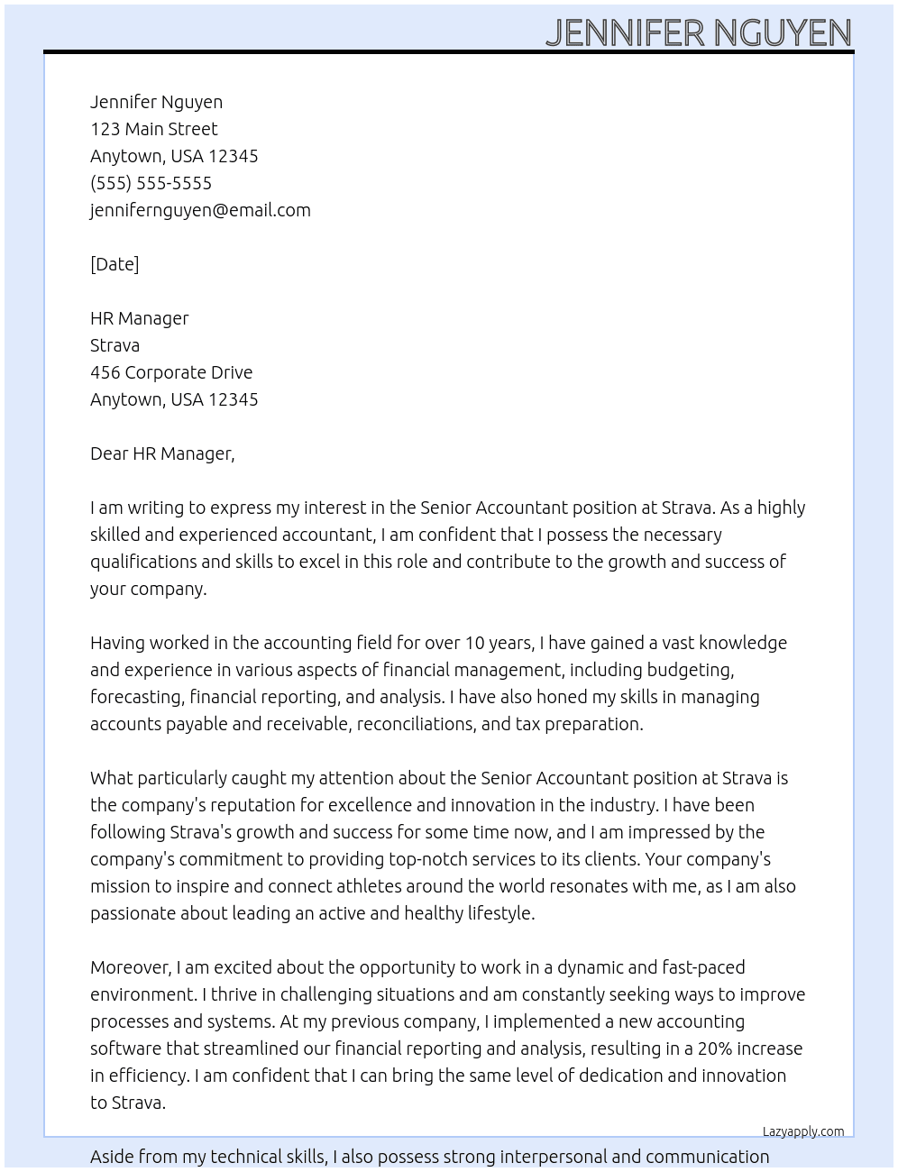 senior accountant At Strava Cover Letter