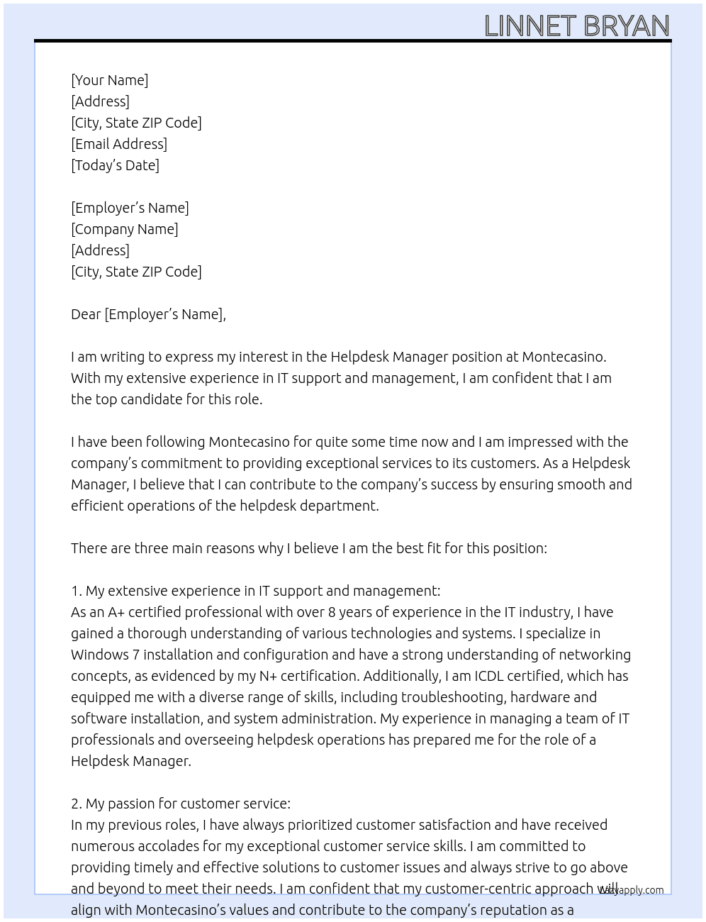 Helpdesk Manager At Montecasino Cover Letter