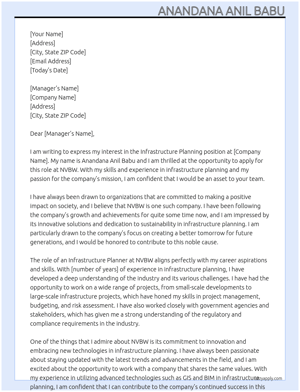 infrasture planning At nvbw Cover Letter