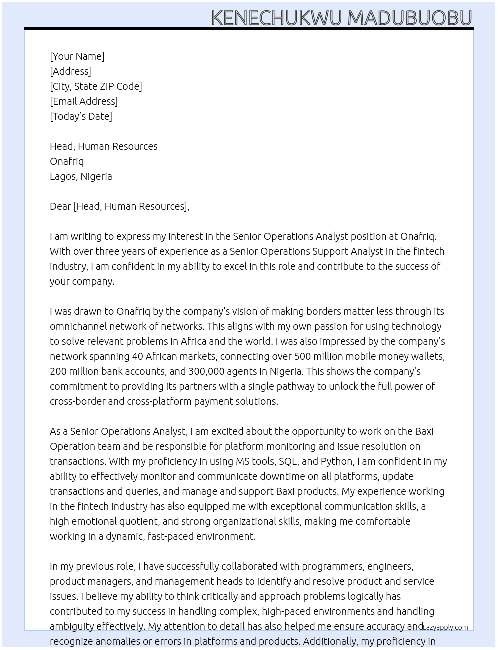 Senior Operations Analyst At Onafriq Cover Letter