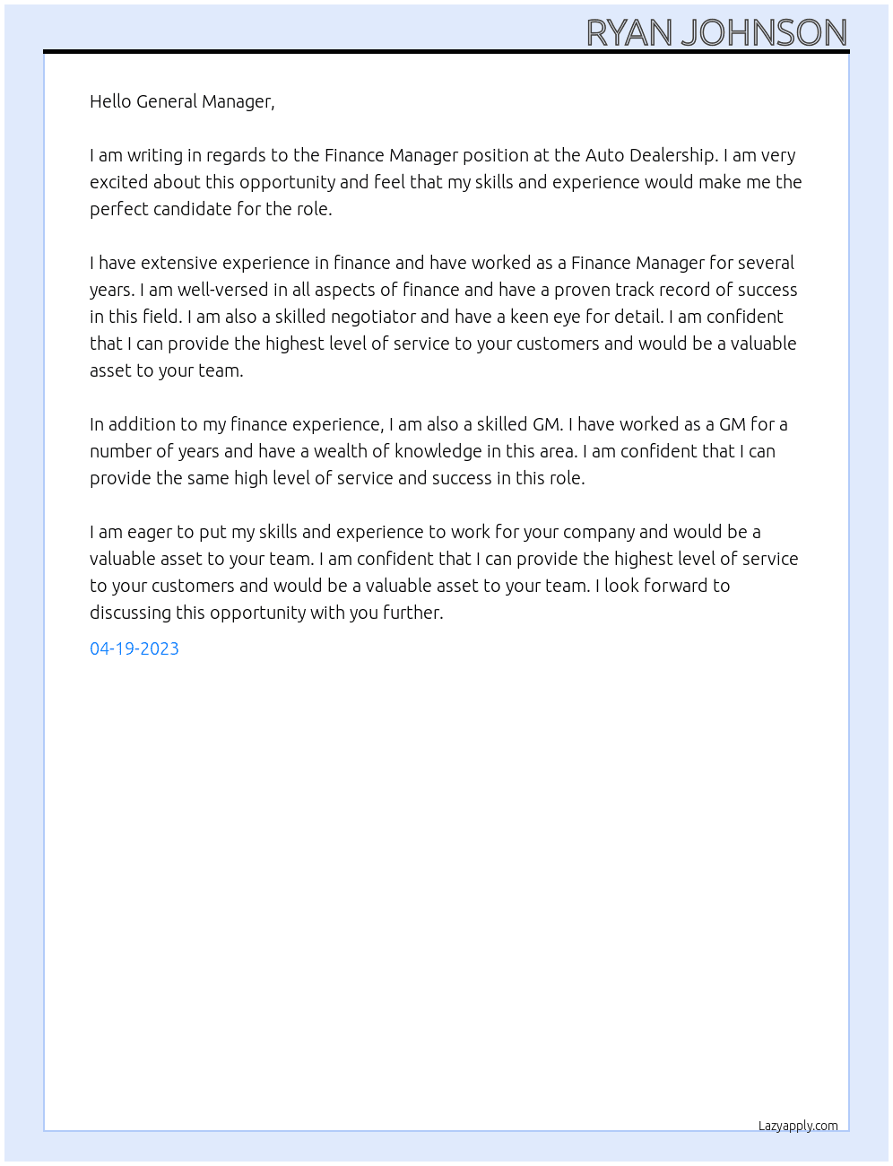 finance manager At Auto Dealership Cover Letter